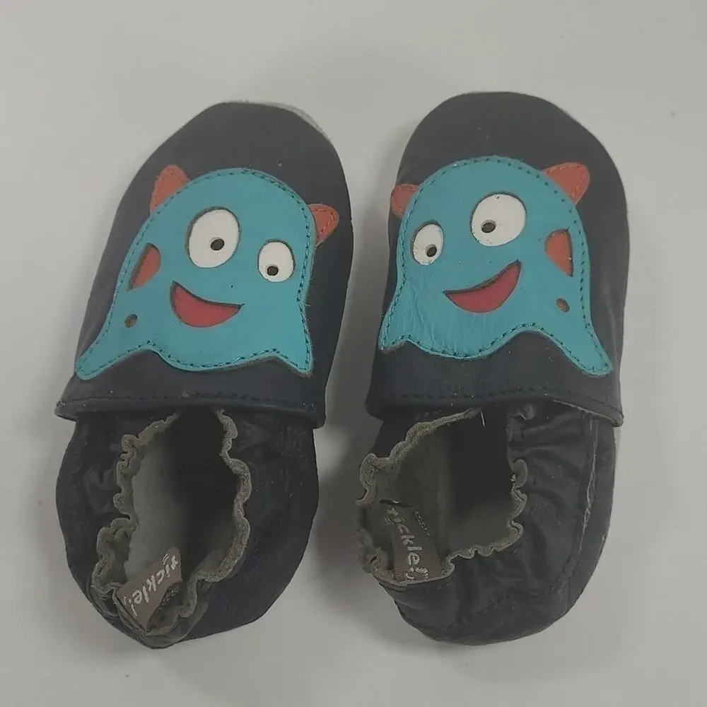 TOMMY Tickle Blue Silly Ghost Leather Crib Shoes Soft Sole Moccasins Sz. M 6-12